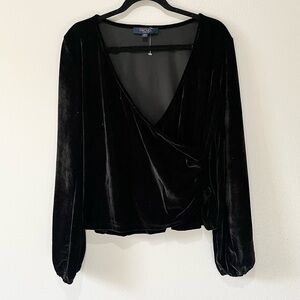 RACHEL ROY- NEW Black Velvet Deep V Cinched on Side Long Sleeve Top Size L